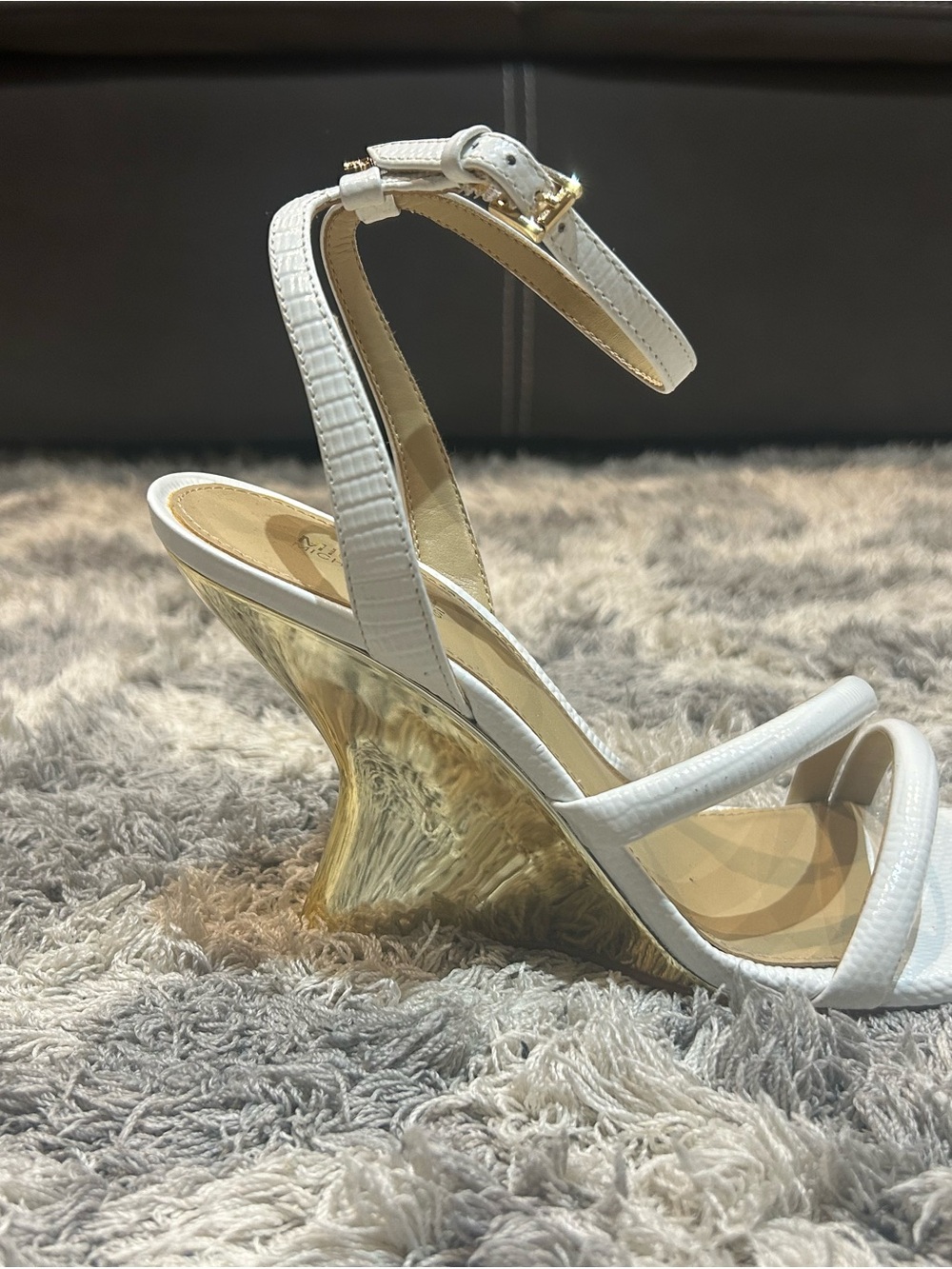 Michael Kors White Ankle-Strap Sandal with Gold Sculpted Heel